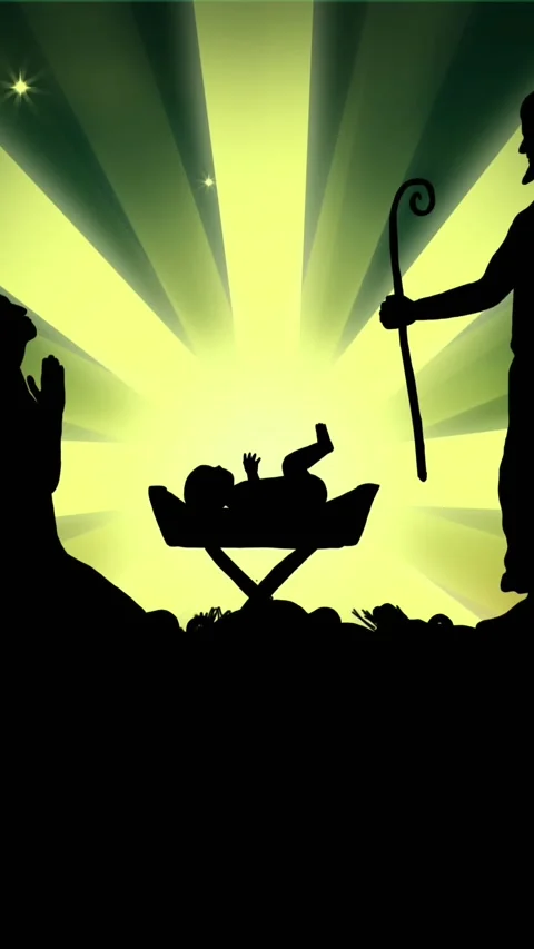Animation of silhouette of nativity scene over shooting star on green background Stock Footage 343641359