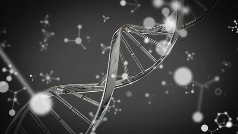 Animation of silver DNA strain spinning with molecules and chemical elements Stock Footage 130137161