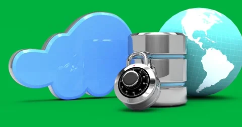 Animation of silver lock, safe and blue globe and digital cloud on black Stock Footage 324845908