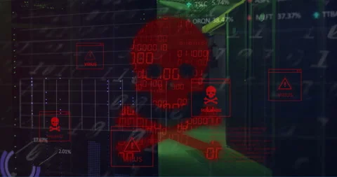 Animation of skull and bones and data processing over computer servers Stock Footage 265551520