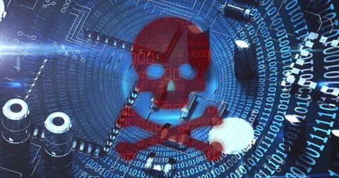 Animation of skull and bones, binary coding and data processing over computer Stock Footage 265551400