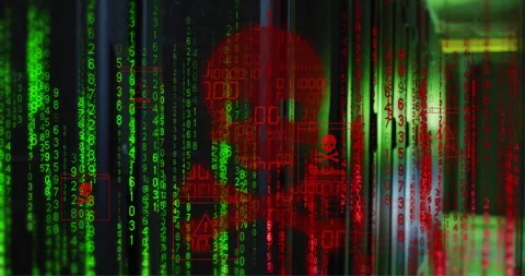 Animation of skull and bones, binary coding and data processing over computer Stock Footage 265551467