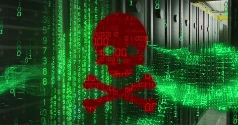 Animation of skull and bones, binary coding and data processing over computer Stock Footage 265551573