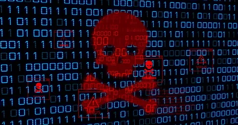 Animation of skull and bones, binary coding and data processing Stock Footage 265551796