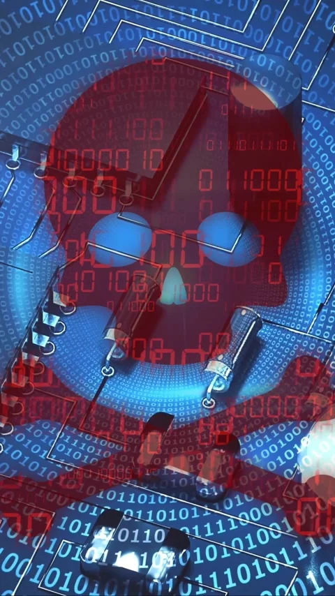 Animation of skull and bones, binary coding and data processing over computer Stock Footage 320759236