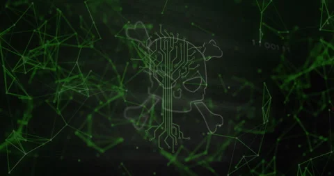 Animation of skull and bones, digital data processing over computer servers Stock Footage 307985020