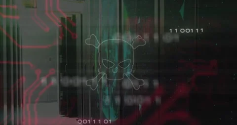 Animation of skull and bones, digital data processing over computer servers Stock Footage 307985024
