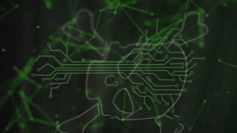 Animation of skull and bones, digital data processing over computer servers Stock Footage 314616387