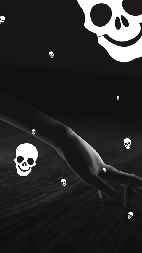 Animation of skulls falling over hand walking in black space Stock Footage 341953228