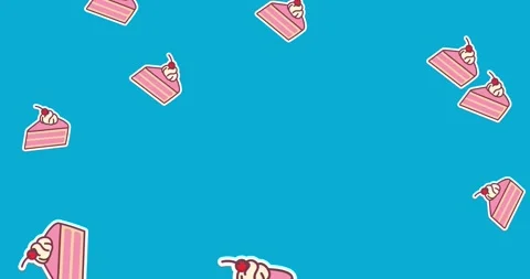 Animation of slices of pink cake with cherry and cream topping falling on blue Stock Footage 328918273