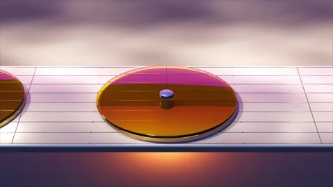 Animation of a small purple sphere rolling on a conveyor belt made of golden Stock Footage 303560390
