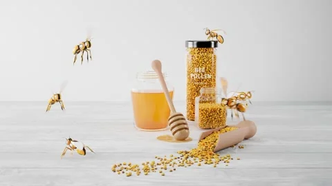 Animation with smart robot bees flying over the jars with honey and bee pollen Stock Footage 201238163