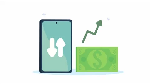 Animation of smartphone with financial data and rising profit arrow over do.. Видео 334268081