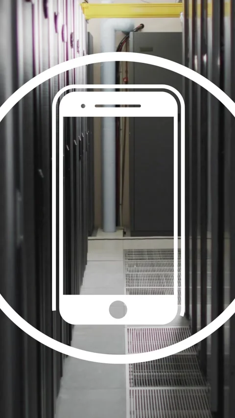Animation of smartphone icon against computer server room Stock Footage 321382183