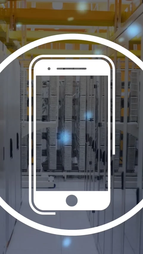Animation of smartphone icon and blue glowing spots against computer server room Stock Footage 344679039