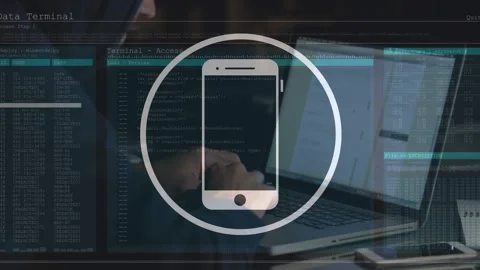 Animation of smartphone icon and data processing against mid section of a person Stock Footage 328015098
