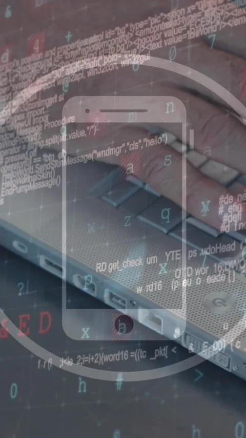 Animation of smartphone icon and data processing against mid section of man Stock Footage 344678815
