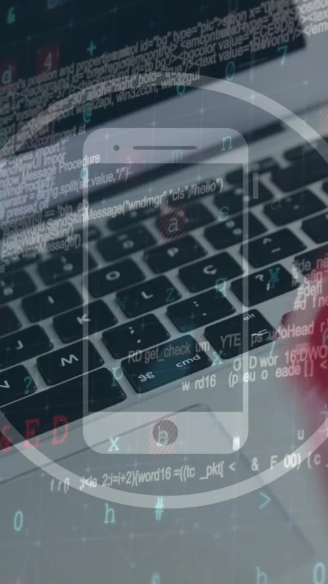 Animation of smartphone icon and data processing against close up of laptop and Stock Footage 344783385