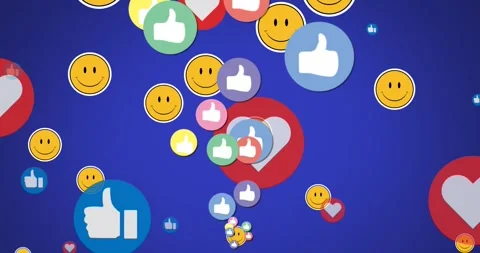 Animation of smiley, thumbs up and heart icons against blue background Stock Footage 244867760