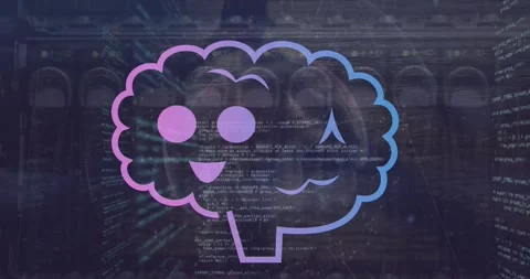 Animation of smiling brains over computer language against cable Stock Footage 257103100