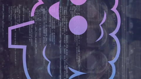 Animation of smiling brains over computer language against cable Stock Footage 312644795