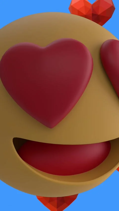 Animation of smiling emoji icon with red hearts with red heart icons on blue Stock Footage 341976435