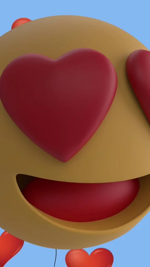 Animation of smiling emoji icon with red hearts with red heart balloon icons on Stock Footage 342033787