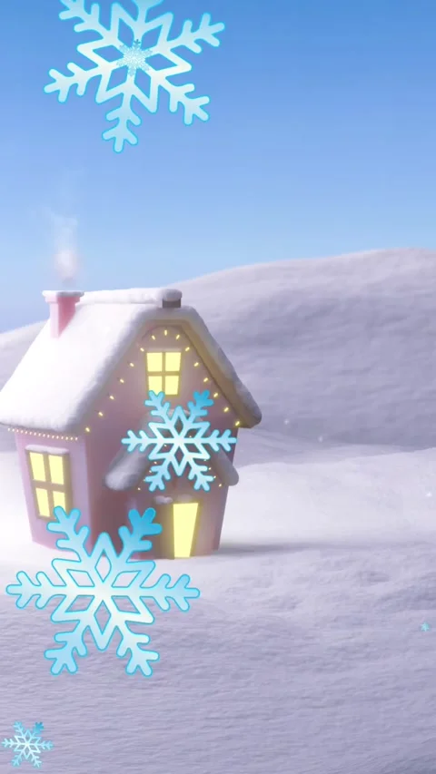 Animation of snow falling and house in winter scenery Видео 323910837