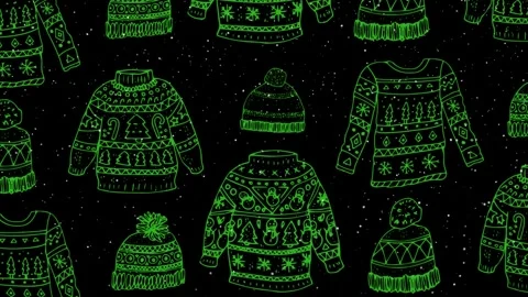 Animation of snow falling over christmas green hat and jumper pattern in Stock Footage 165069570