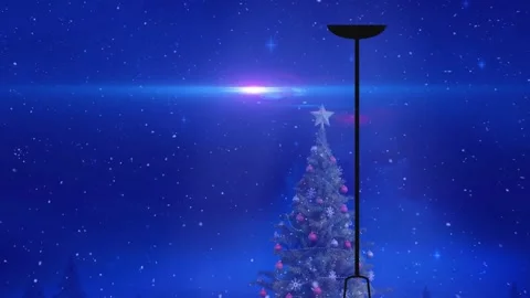 Animation of snow falling over christmas tree and light over blue background Video stock 327643002