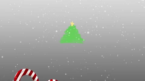 Animation of snow falling over christmas present and candy canes on grey Stock Footage 328648348