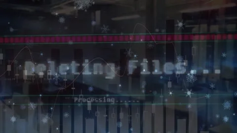 Animation of snow falling over deleting files text and data processing Stock Footage 327963905