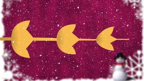 Animation of snow falling over gold shapes and blurred snowman on burgundy Stock Footage 327643100