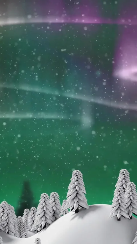 Animation of snow falling over norhern lights and winter landscape Stock Footage 341659839