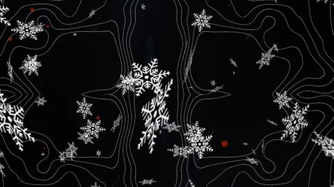 Animation of snow flakes icons falling over topography patterns against black Video stock 314143784
