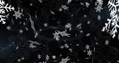 Animation of snow flakes icons falling over topography patterns against black Video stock 330469324