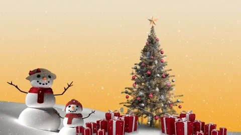 Animation of snowfall over snowman and decorated christmas tree and gift boxes Stock Footage 328932194