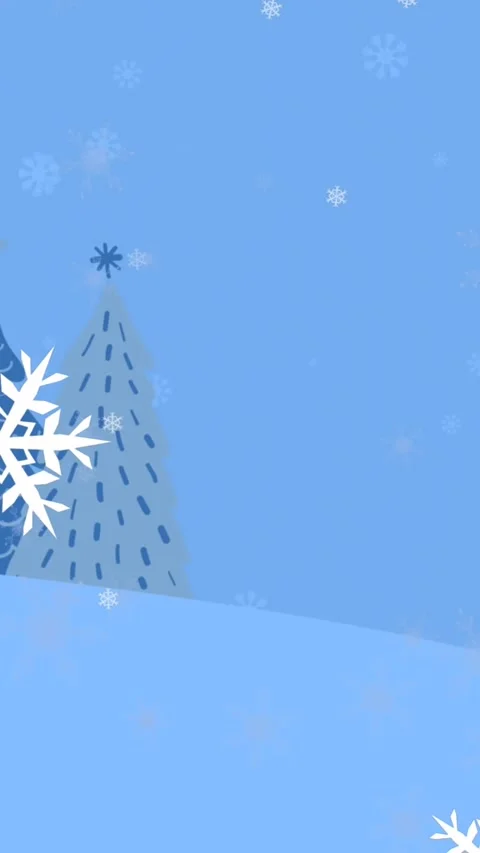 Animation of snowflake icons falling over christmas trees on winter landscape Stock Footage 343828413