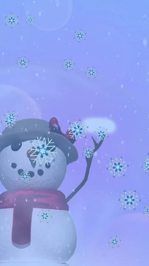 Animation of snowflake icons falling over snowwoman icon against spots of light Stock Footage 343902189