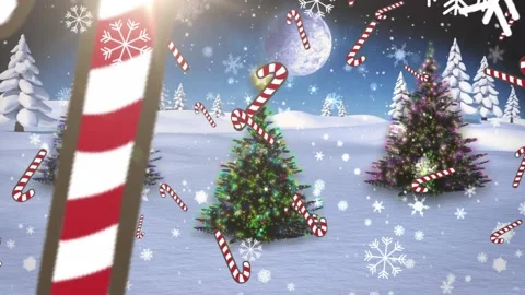 Animation of snowflakes and candy cane icons falling over three christmas trees Stock Footage 220898268