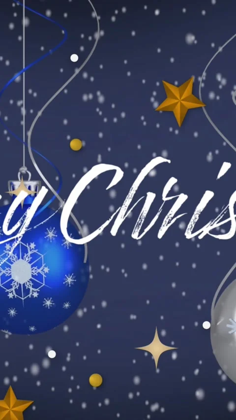 Animation of snowflakes and snowfall with hanging baubles and stars over Stock Footage 344746037