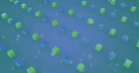 Animation of snowflakes falling over 3d structures spinning in seamless pattern Stock Footage 327901937