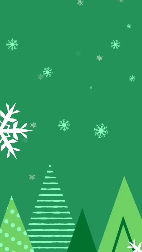 Animation of snowflakes falling over christmas tree icons against green Video stock 344524717