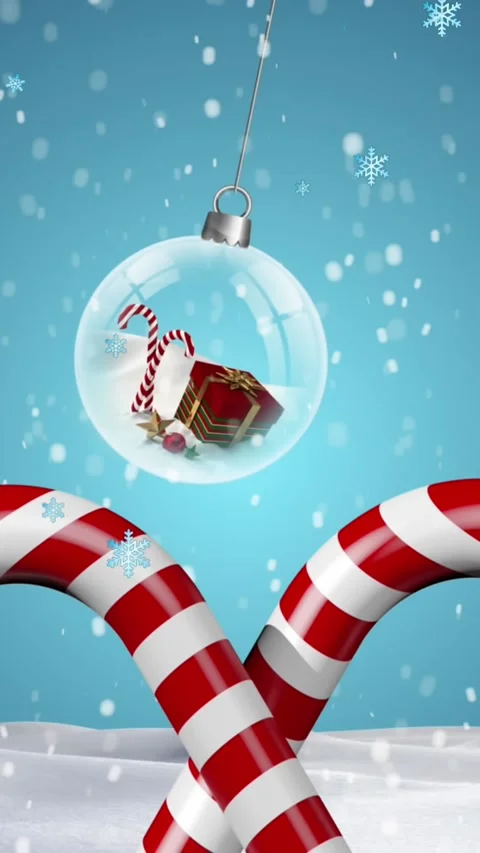 Animation of snowflakes falling over hanging snowglobes and candy cane on winter Stock Footage 344775209
