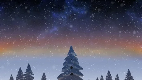 Animation of snowflakes falling over winter landscape with tall trees Video stock 328014500