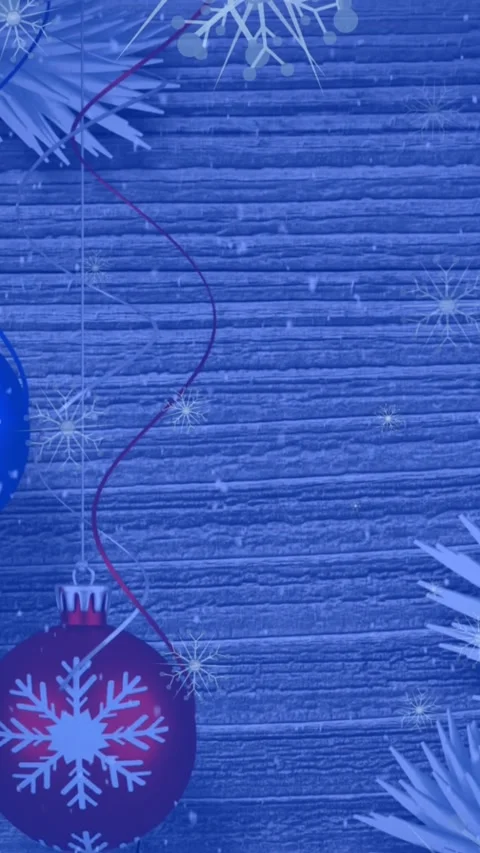 Animation of snowflakes icons falling over hanging bauble decorations against Stock Footage 344693129