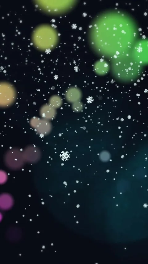 Animation of snowflakes icons falling over colorful spots of light against black Stock Footage 344774614
