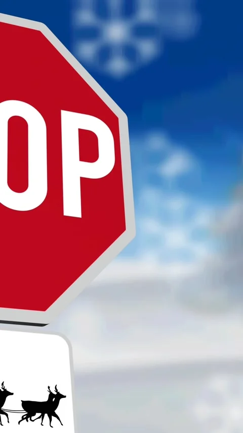 Animation of snowflakes over stop sign with santa claus in sleigh with reindeer Stock Footage 344556738