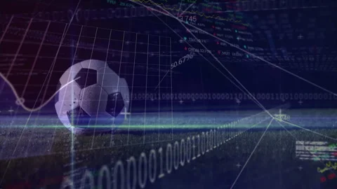 Animation of soccer ball with digital data and binary code on field background Stock Footage 304013988