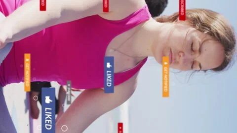 Animation of social media data processing over diverse women exercising on beach Stock Footage 313320751